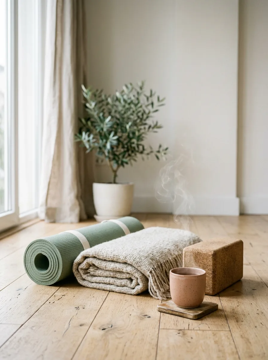 Meşe zeminde yeşil yoga matı, yün battaniye, mantar blok ve bir fincan bitki çayı.