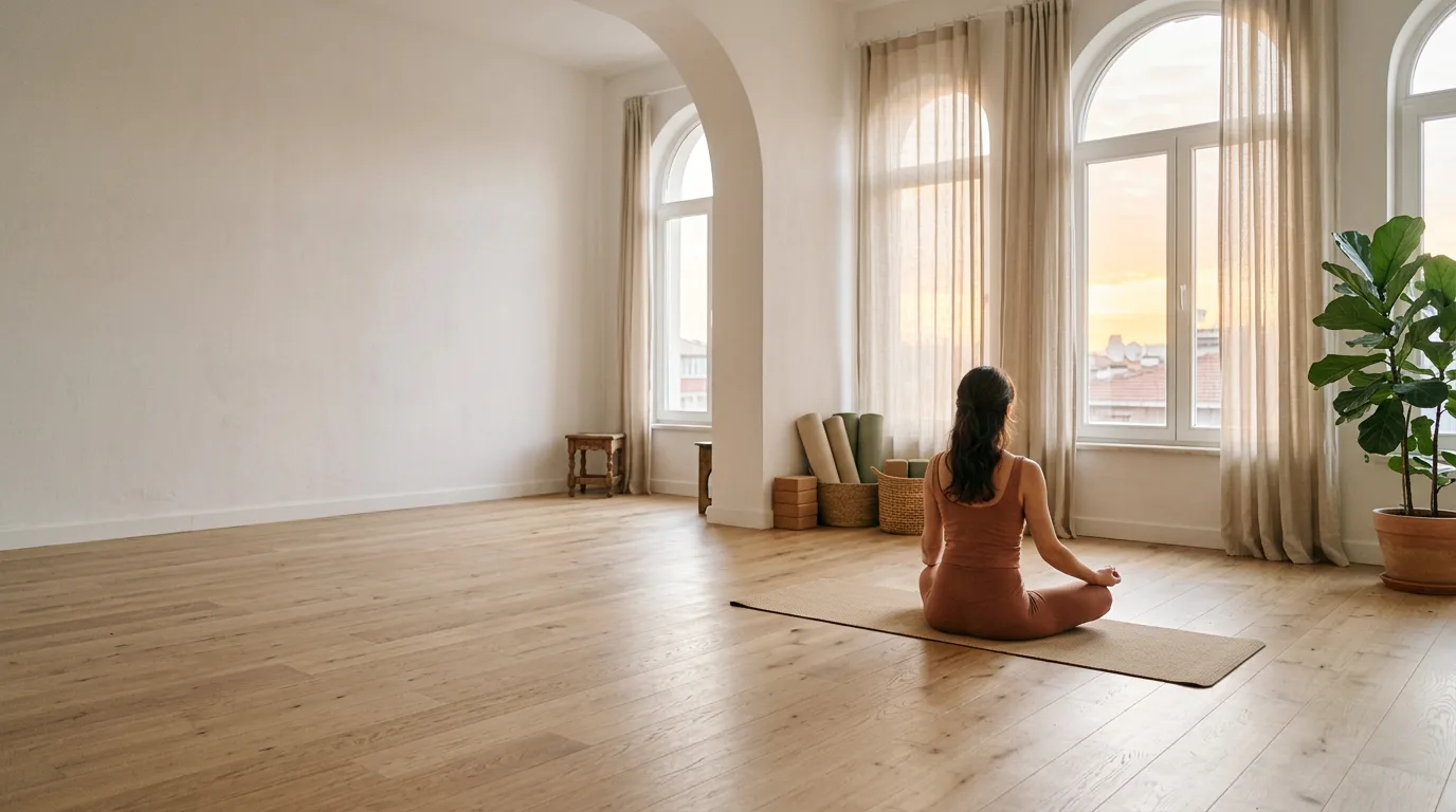 Gün doğumunda aydınlık bir yoga stüdyosunda sırtı dönük, meditasyon yapan bir kadın.