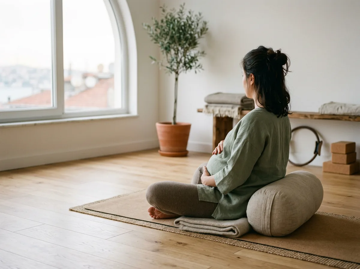 Hamile yogası sırasında minder ve battaniye desteğiyle oturan bir kadın.